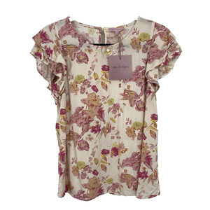 Rose & Rhyme NEW Flutter Sleeve Top Size XS Pinks Floral Rayon Keyhole Pullover